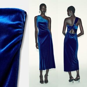 Zara ⚠️ Today | Last Chance NWT Asymmetric Velvet Midi Dress rich royal cobalt